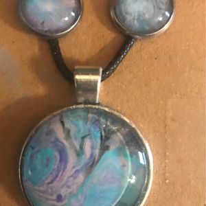 Hand painted necklace and earring set blue pink black colors